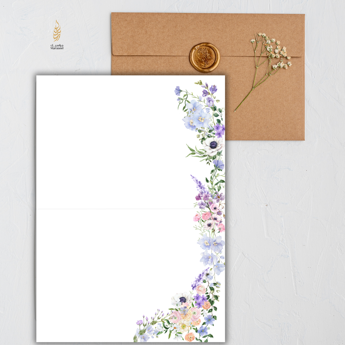 Floral design on a white background with a brown envelope and gold seal.