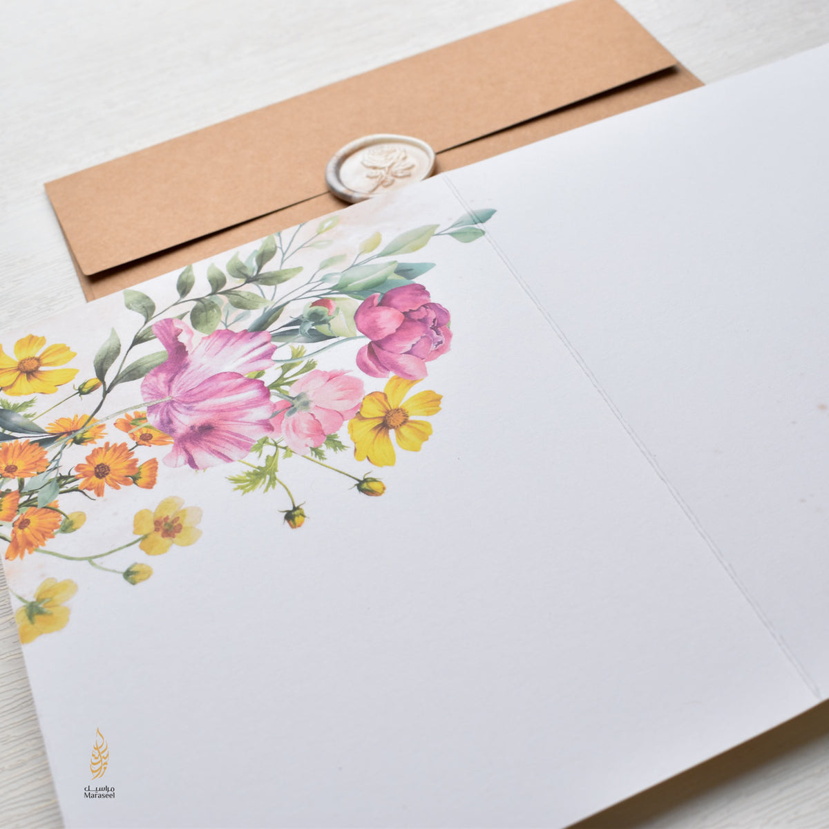 Floral card with a wax seal on a white background