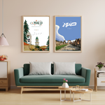 Load image into Gallery viewer, Living room with a green sofa, coffee table, and two framed artworks on the wall.
