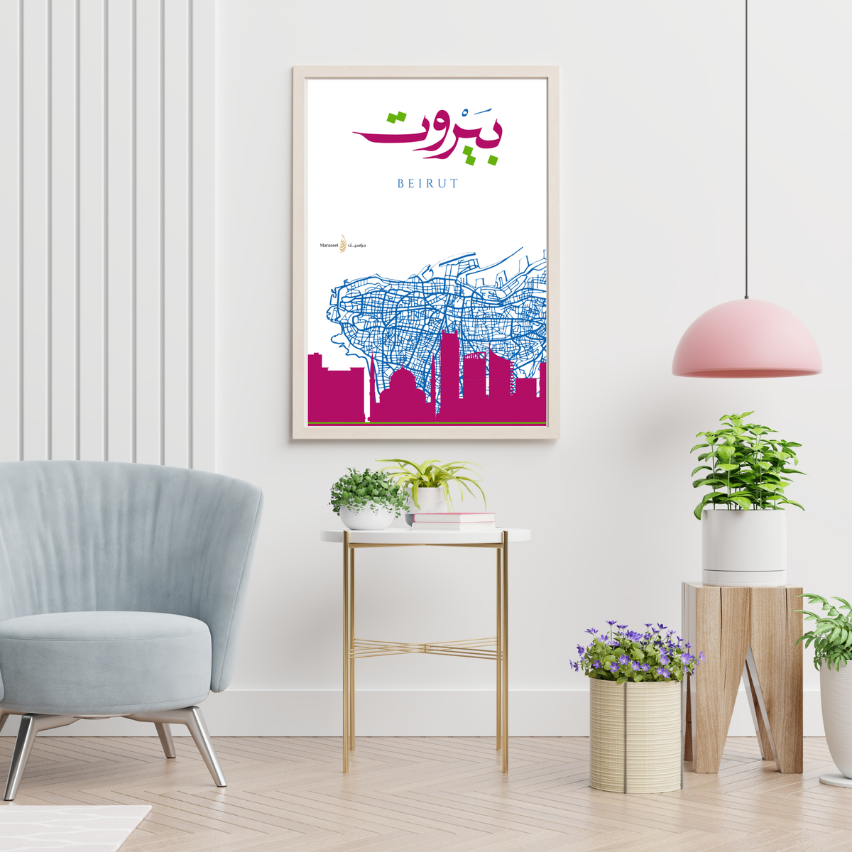 Framed map of Beirut on a wall in a modern living room with decor elements.