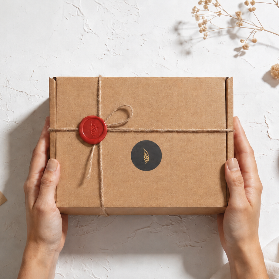 An Arab woman holding a square brown kraft paper gift box tied with twine and sealed with a red wax seal of Maraseel, on a light textured background with vintage-style postage stamps and dried flowers.