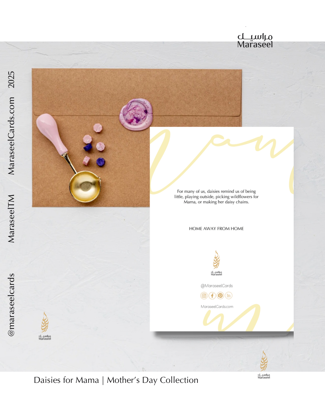 Card with gold text and decorative elements on a white background