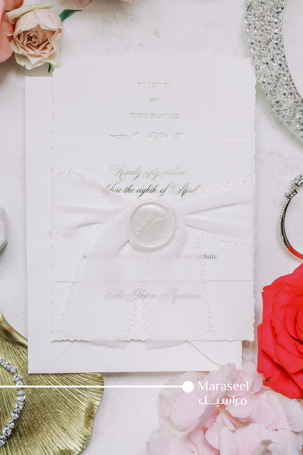 Eternal Elegance | Gold Foil on White Cotton Invitations | Wedding Invitation Suite | Maraseel | بطاقة دعوة |