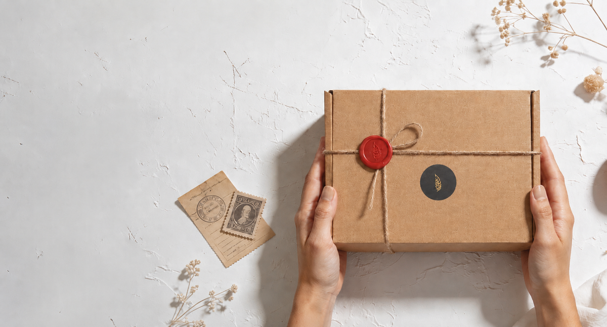 Hands holding a Maraseel kraft box tied with twine and closed with a red wax seal
