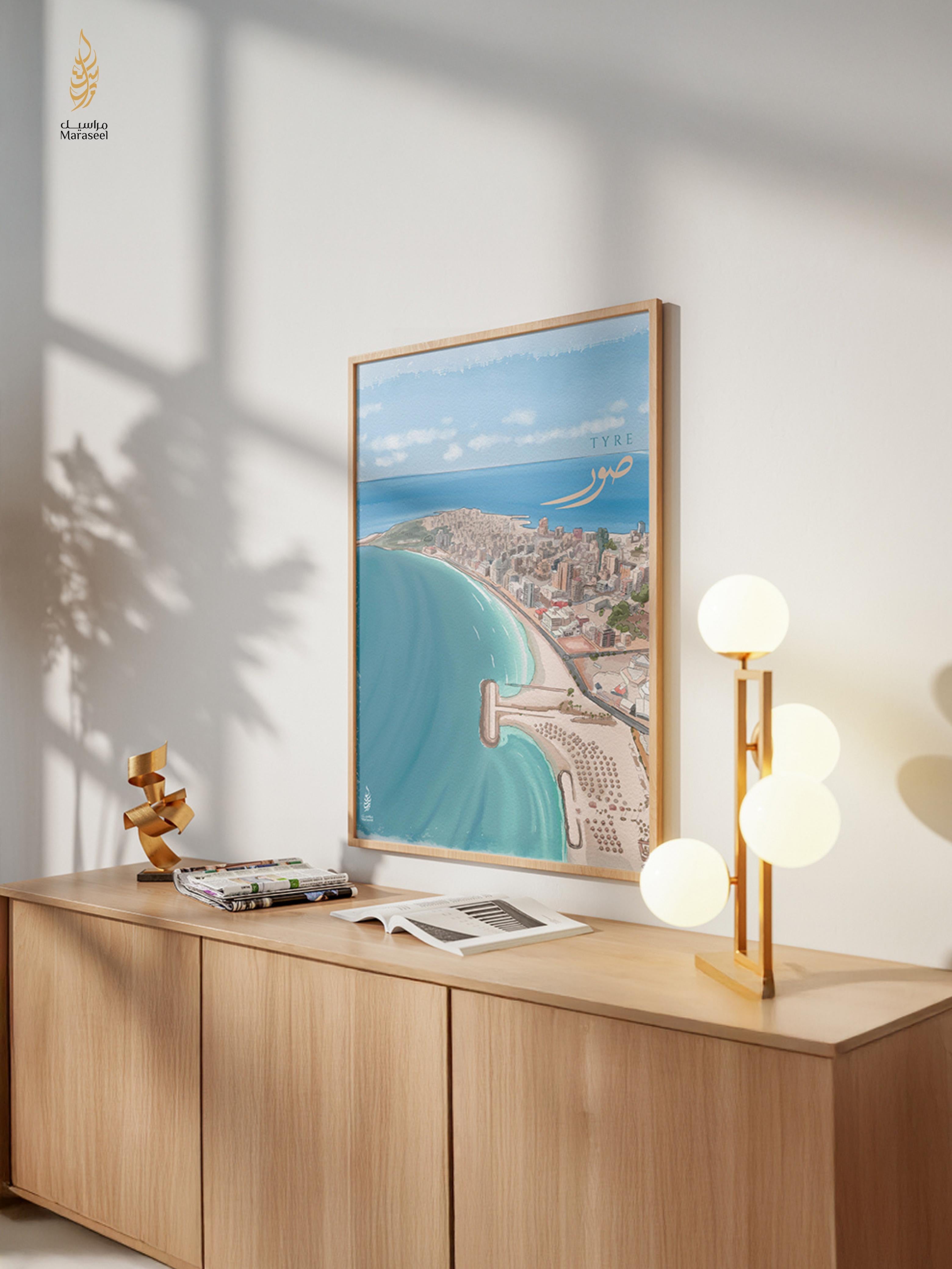 Wooden cabinet with decorative items in a room with a large window for Art Print Tyre South Lebanon 