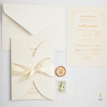 Load image into Gallery viewer, Timeless Invite | Satin | Beige White Gold | Classic Couple | Gold Wax Seal
