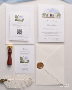 Watercolor Venue | Luxury Invitation | Custom | White Blue