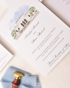 Watercolor Venue | Luxury Invitation | Custom | White Blue