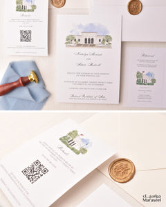 Watercolor Venue | Luxury Invitation | Custom | White Blue