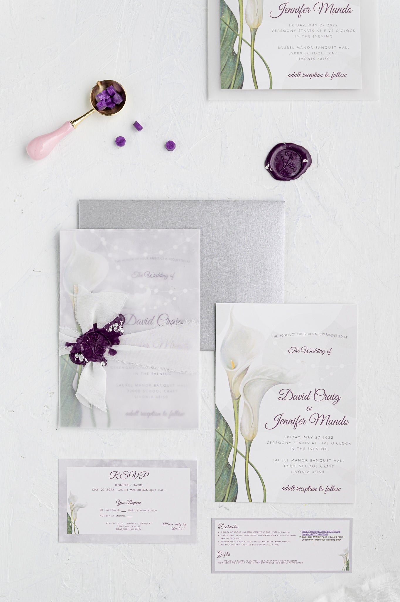 Calla Lily Wedding Invitation Suite | Custom Elegant Invitations by Maraseel | Purple & Silver | بطاقة دعوة