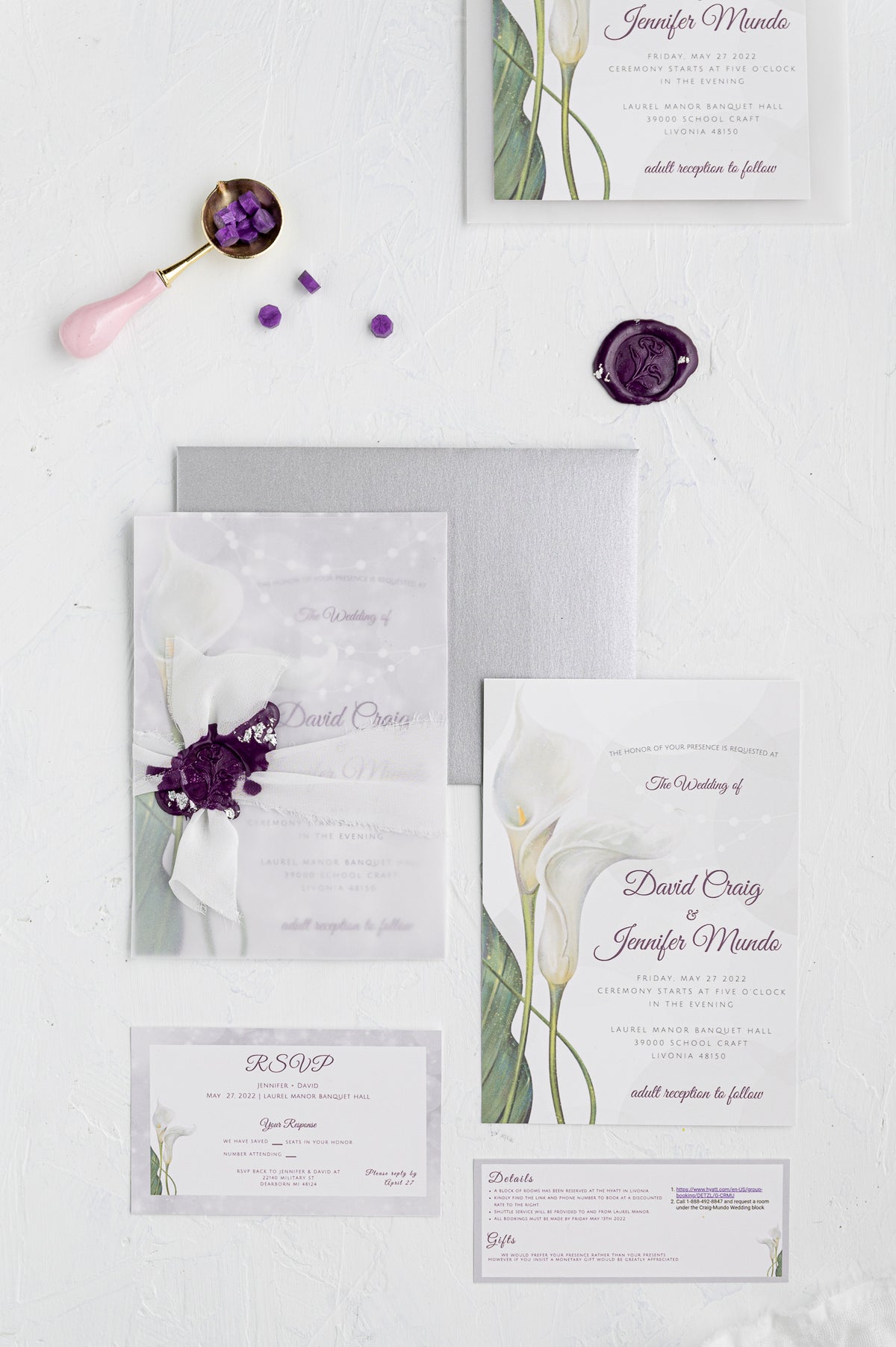 Calla Lily Wedding Invitation Suite | Custom Elegant Invitations by Maraseel | Purple & Silver | بطاقة دعوة