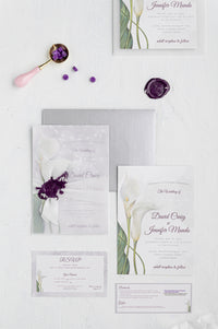 Calla Lily Wedding Invitation Suite | Custom Elegant Invitations by Maraseel | Purple & Silver | بطاقة دعوة