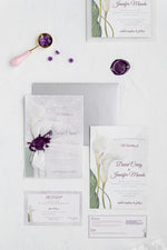 Load image into Gallery viewer, Calla Lily Wedding Invitation Suite | Custom Elegant Invitations by Maraseel | Purple &amp; Silver | بطاقة دعوة
