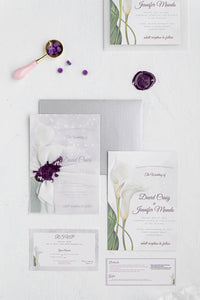 Calla Lily Wedding Invitation Suite | Custom Elegant Invitations by Maraseel | Purple & Silver | بطاقة دعوة