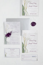 Load image into Gallery viewer, Calla Lily Wedding Invitation Suite | Custom Elegant Invitations by Maraseel | Purple &amp; Silver | بطاقة دعوة
