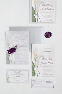 Calla Lily Wedding Invitation Suite | Custom Elegant Invitations by Maraseel | Purple & Silver | بطاقة دعوة
