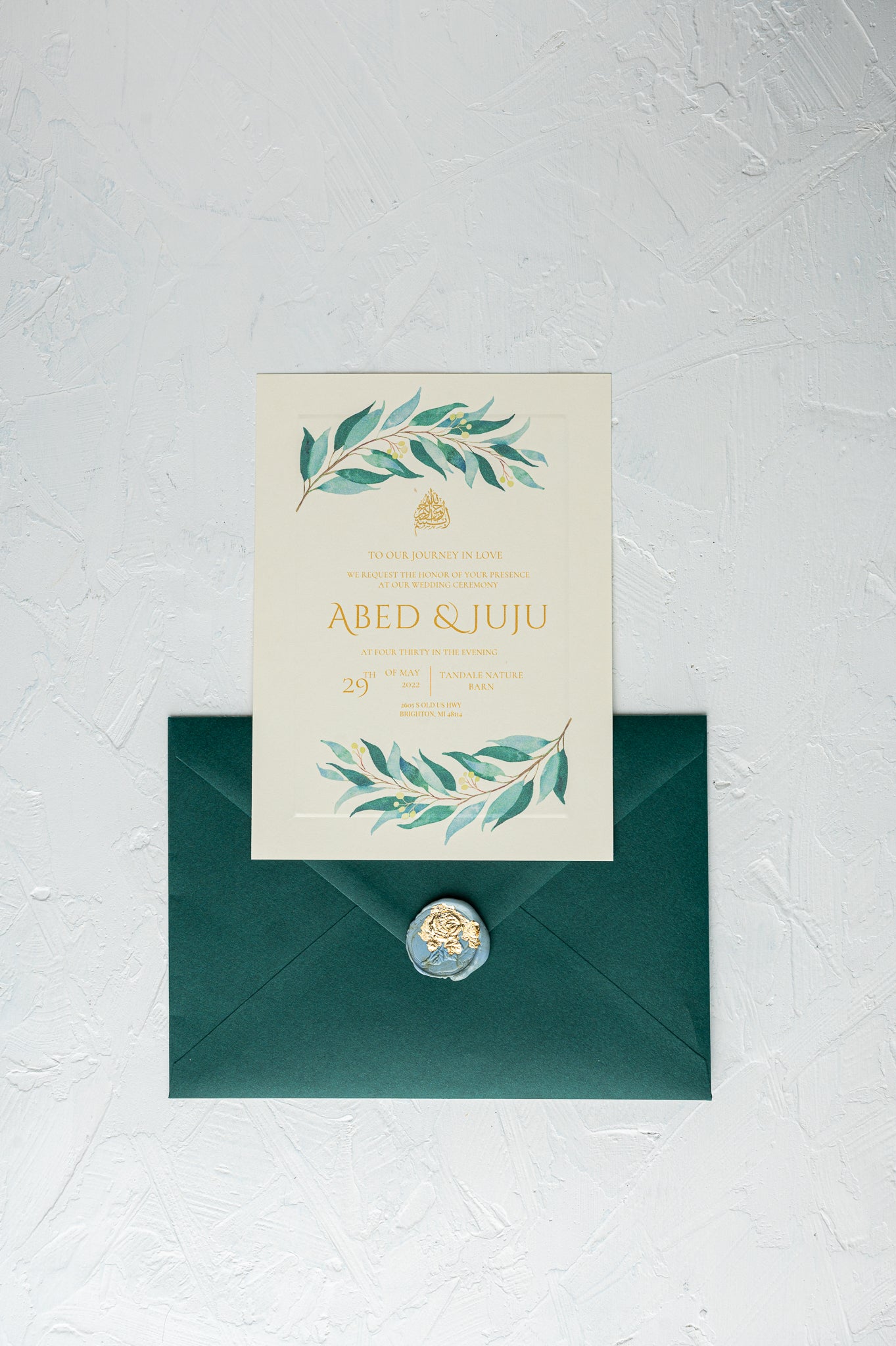 The Bohemian Wedding Invitation Suite | Simple Elegance with Greenery and Gold for Rustic Celebrations | بطاقة دعوة