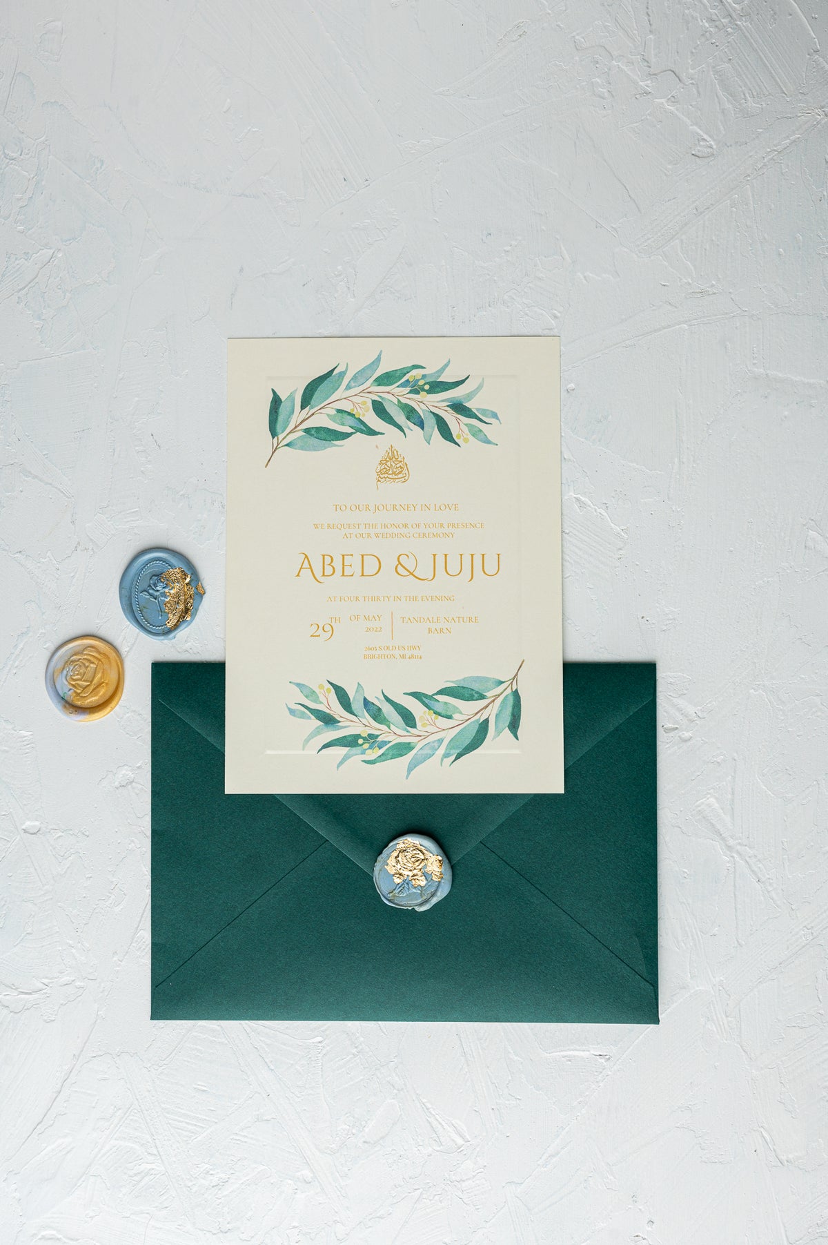 The Bohemian Wedding Invitation Suite | Simple Elegance with Greenery and Gold for Rustic Celebrations | بطاقة دعوة