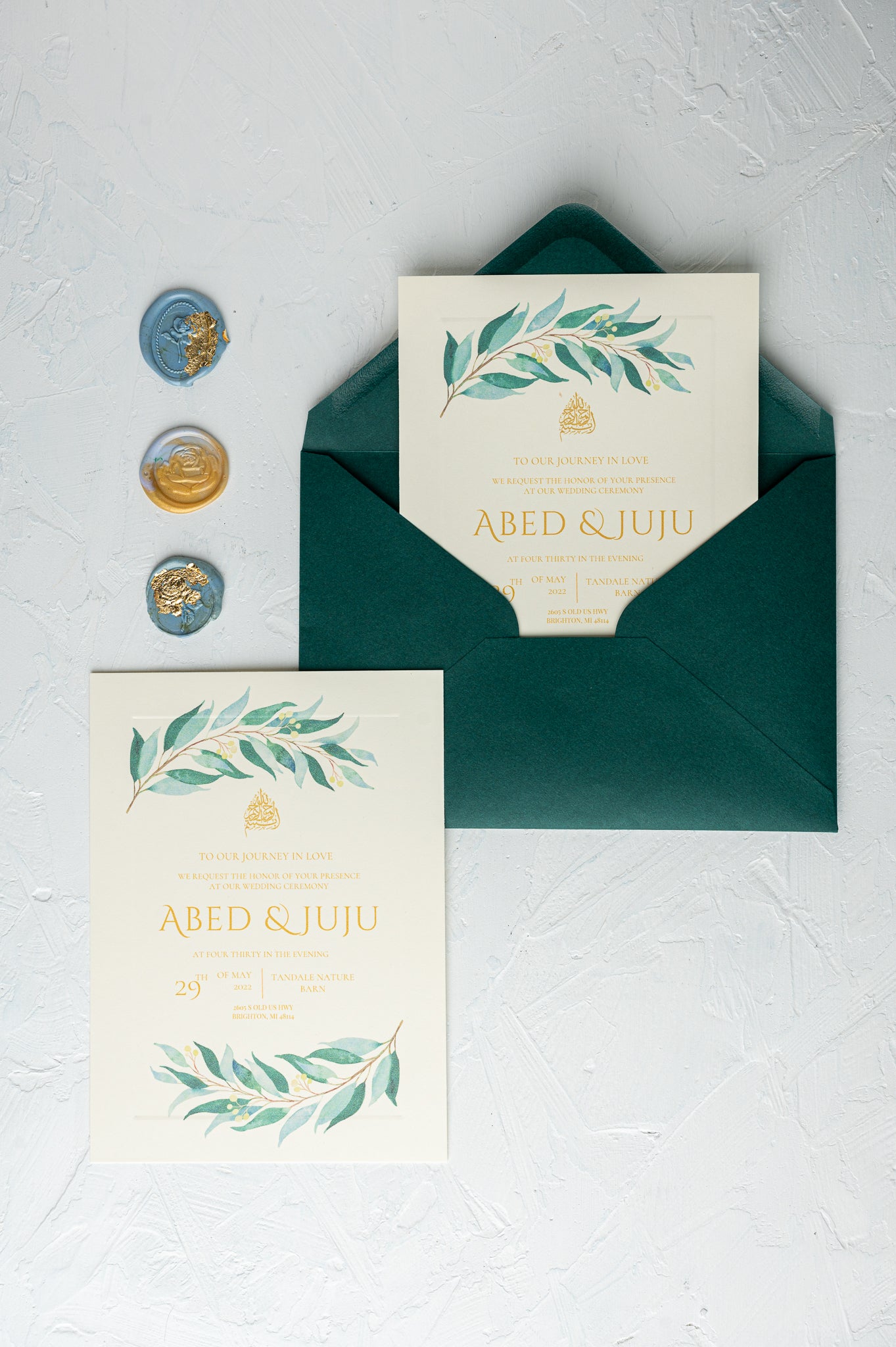 The Bohemian Wedding Invitation Suite | Simple Elegance with Greenery and Gold for Rustic Celebrations | بطاقة دعوة