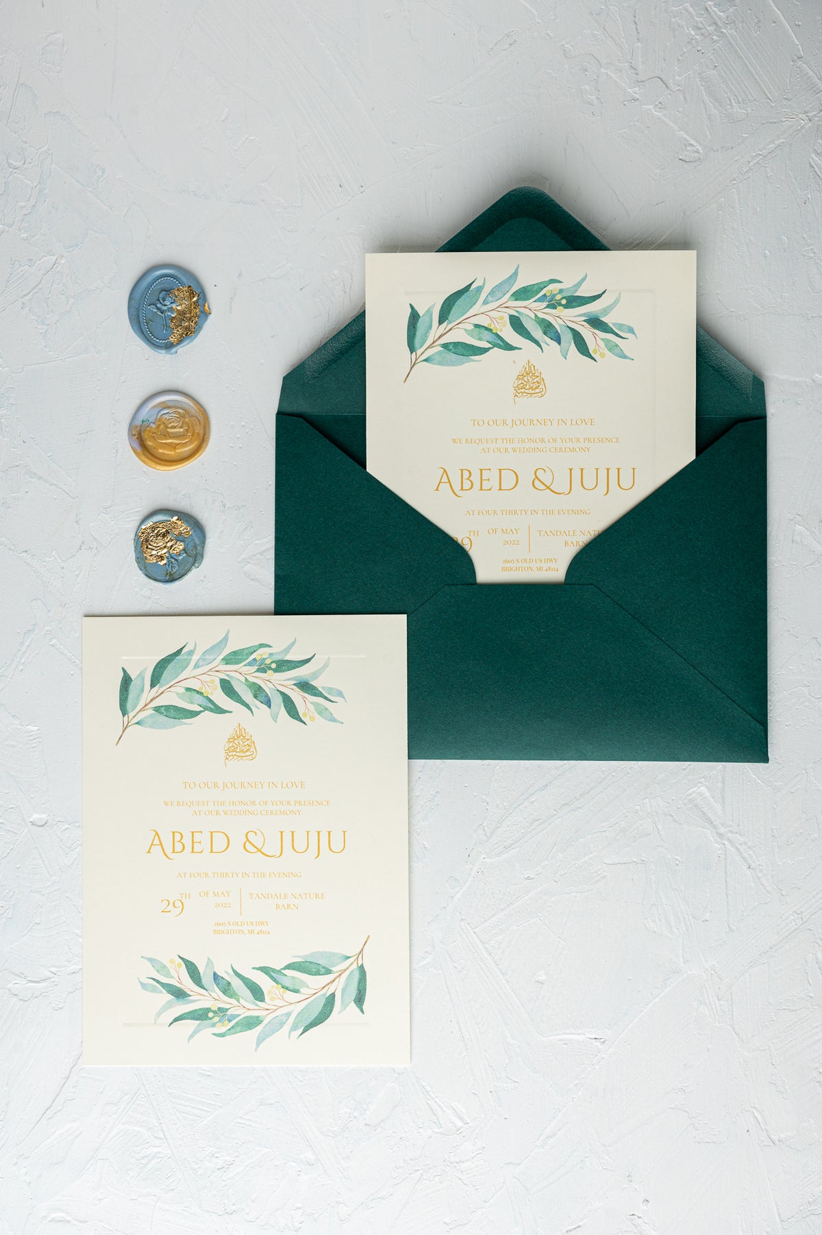 The Bohemian Wedding Invitation Suite | Simple Elegance with Greenery and Gold for Rustic Celebrations | بطاقة دعوة