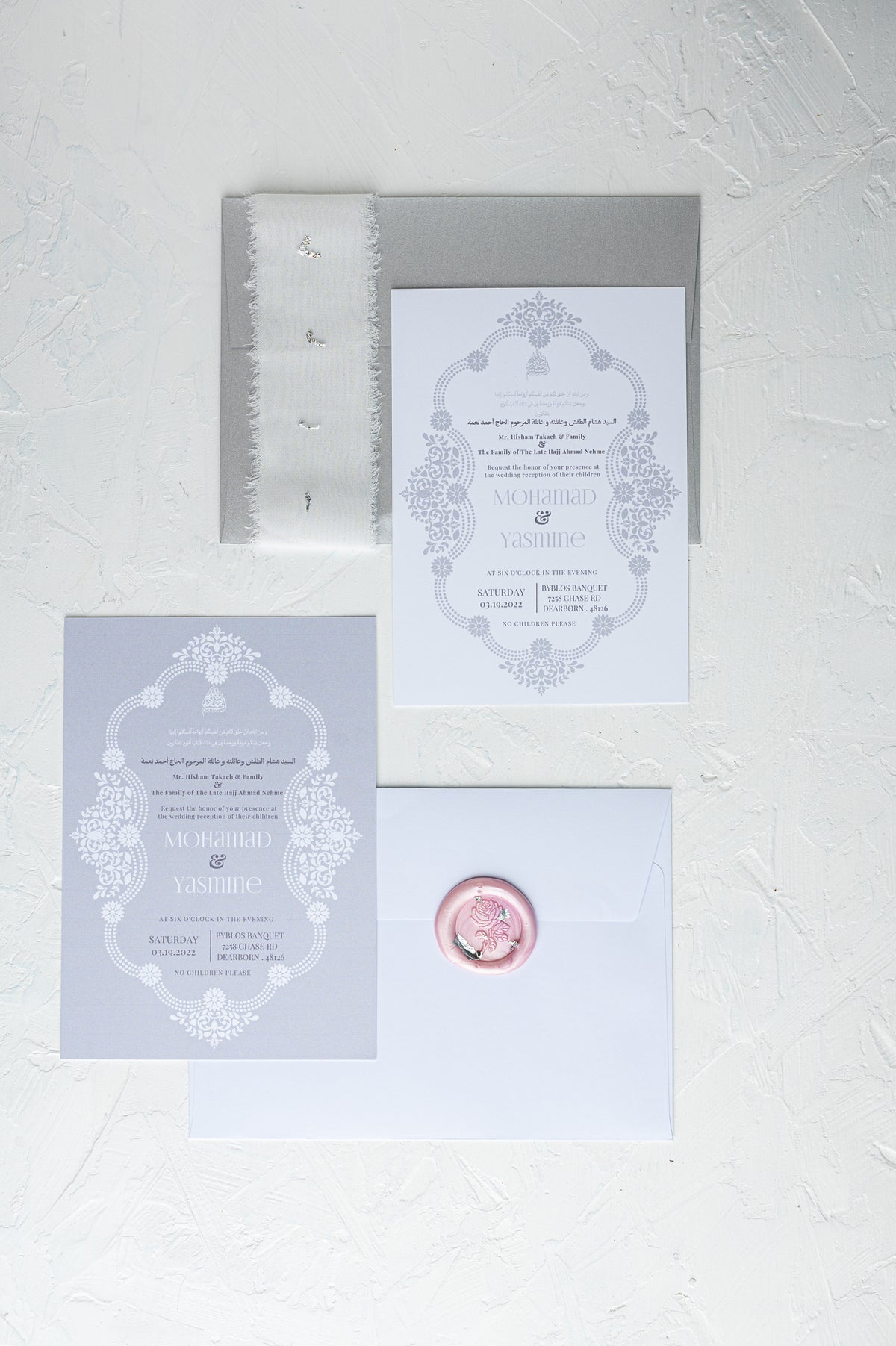 Modern Romance Wedding Invitations with Wax Seal | Maraseel | French Vintage | Silver & Grey | بطاقة دعوة