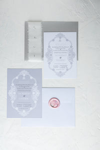 Modern Romance Wedding Invitations with Wax Seal | Maraseel | French Vintage | Silver & Grey | بطاقة دعوة