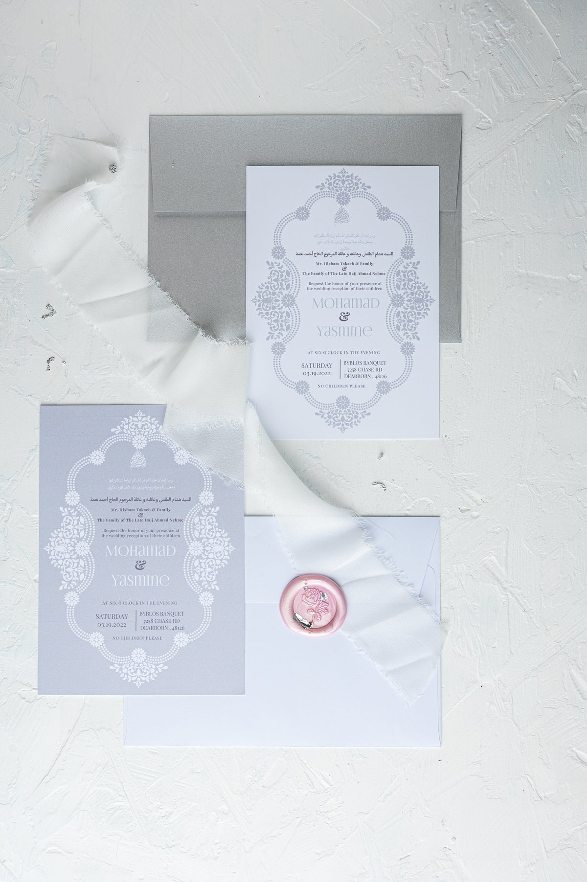 Modern Romance Wedding Invitations with Wax Seal | Maraseel | French Vintage | Silver & Grey | بطاقة دعوة
